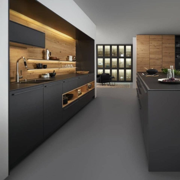 Black Theme for Parallel Kitchen & Wooden Kitchen Backsplash