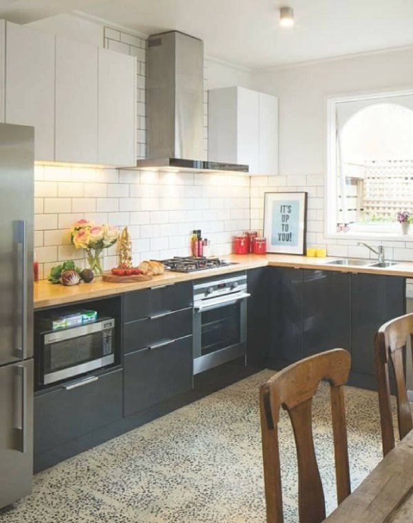 Black & White L- Shaped Modular Kitchen with Upper Cabinets & Under Cabinet Lighting