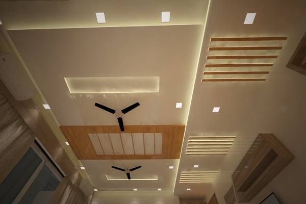 Combination of POP &Wood False Ceiling for Rectangle Living Room with Recessed & Cove Lights