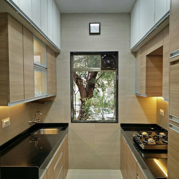 Galley Kitchen with Wooden Finish Cabinets & Granite Countertops