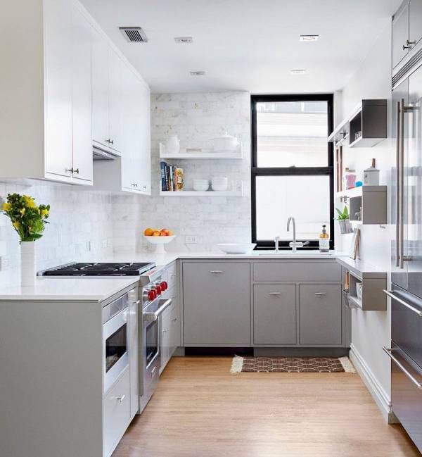 L - Shaped Small Modular Kitchen accommodating Upper Cabinets & Wall Shelves