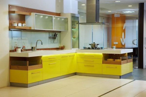 Modern L - Shaped Modular Kitchen with Yellow Cabinets & Extra Storage Units