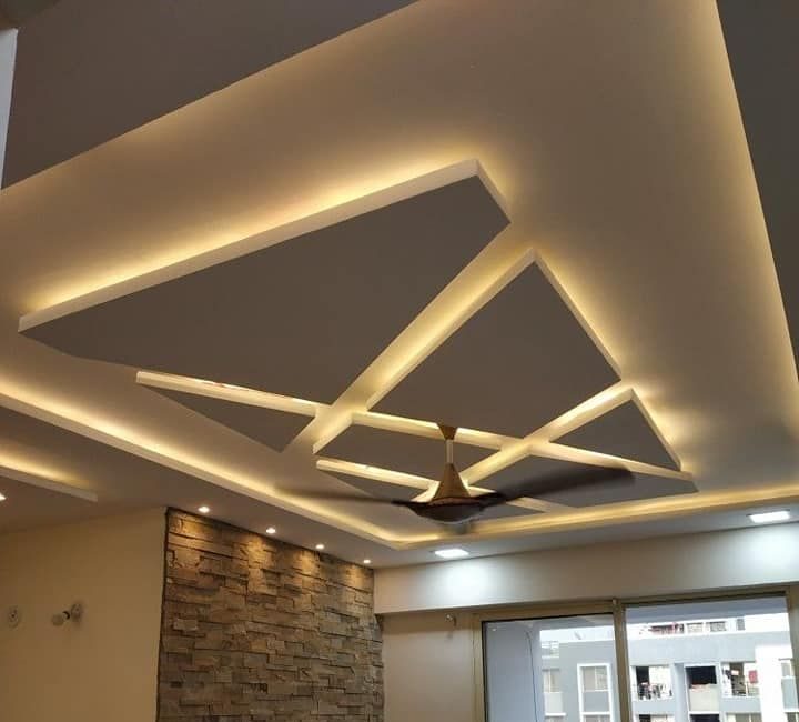 POP False Ceiling with Criss-Cross Pattern in Centre& Cove Lights Around