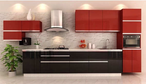 Single Wall Modular Kitchen in red & black Upper-lower Cabinets & full height Storage