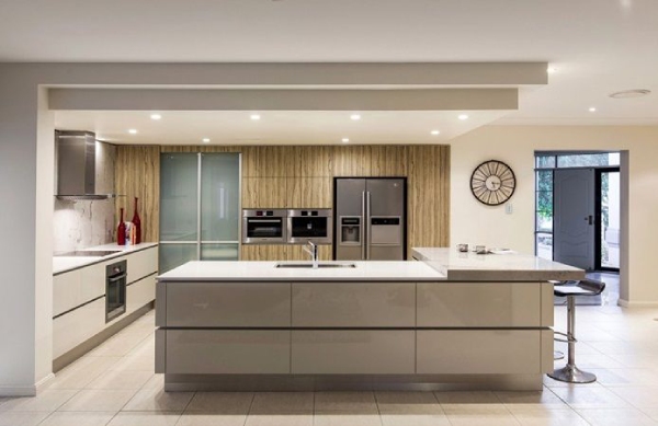Single Wall Modular Kitchen with Kitchen Island, Upper Cabinets, Crockery Unit & Recessed Lighting