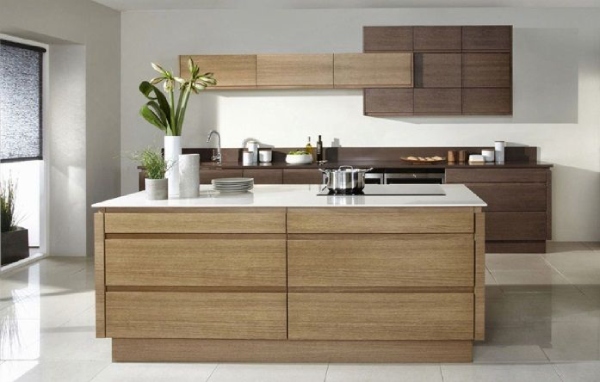 Single Wall Modular Kitchen with Kitchen Island, Upper Cabinets & Indoor Plants