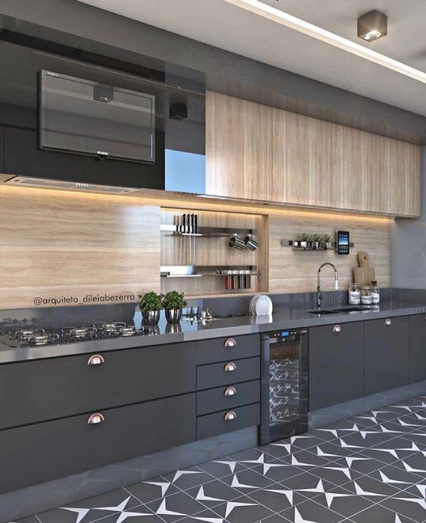 Single Wall Modular Kitchen with Upper Cabinets in Dark Grey & Wooden Feel