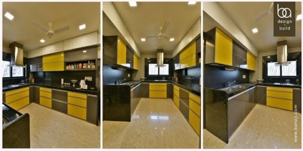 U-Shaped Modular Kitchen with Granite Countertop in Grey-Yellow Theme