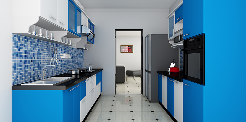White & Blue Themed Parallel Kitchen