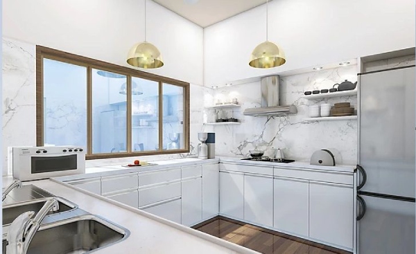 White Themed U-Shaped Modular Kitchen with Pendant Lights & Marble Finish Kitchen Backsplash