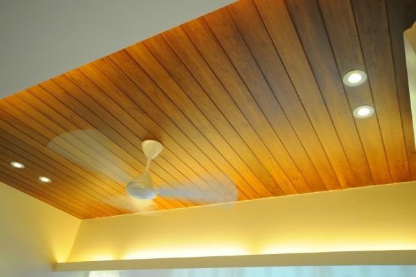 Wooden Panelled False Ceiling with Recessed Lighting & Cove Lighting